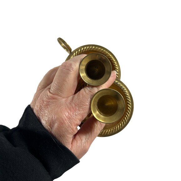 Vtg 2 Solid Brass Candle Holder Chamberstick Candlestick Finger Ring Loop - Picture 5 of 6